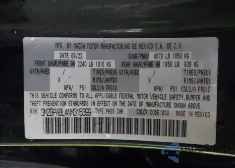 2022 Mazda Mazda3 Select z USA, uszkodzony, nr VIN 3MZBPABL4NM315399